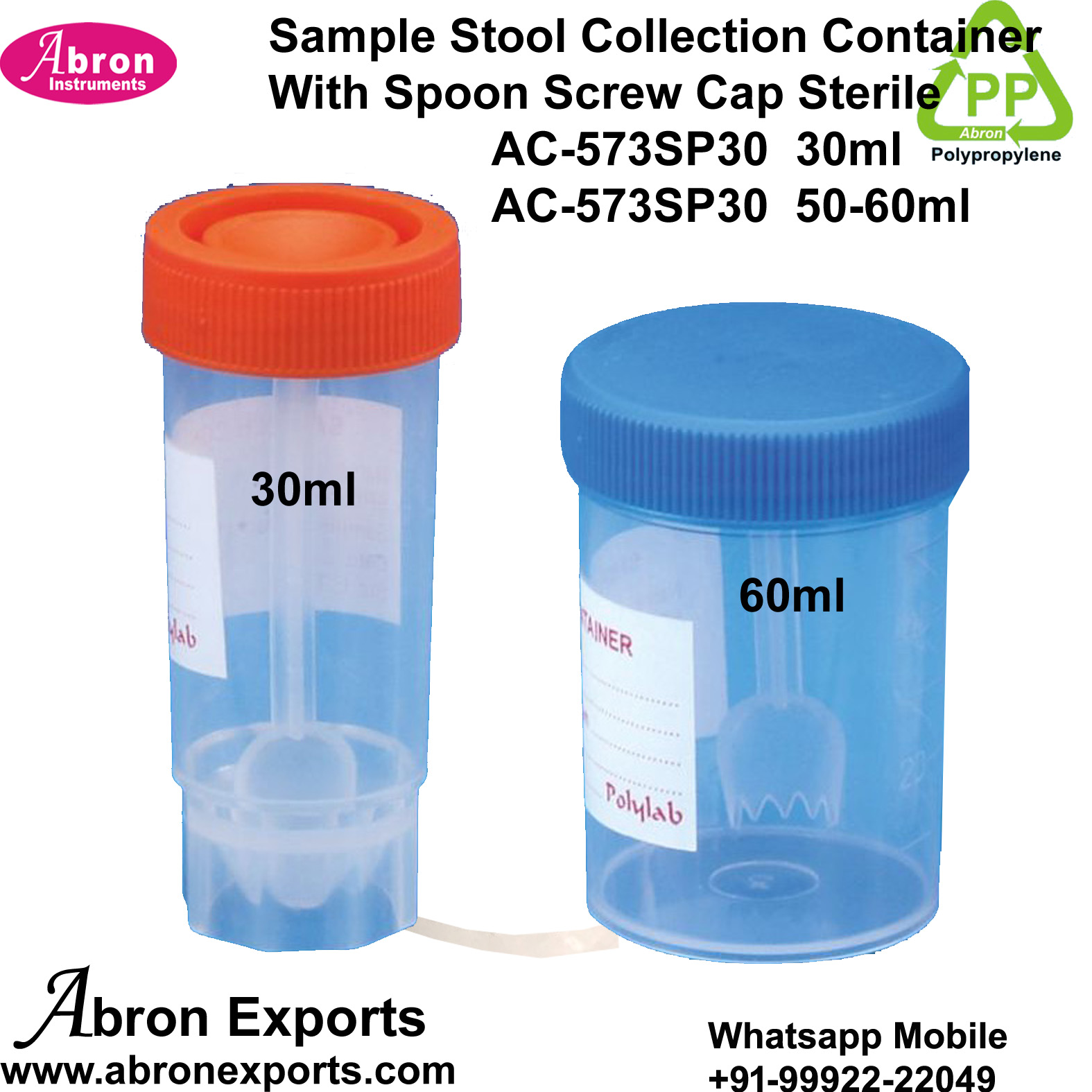 Sample Container Stool Container With Screw 30ml 60ml Single Pc Packed Cap Polypropylene 100pc Abron AC-573SP60 